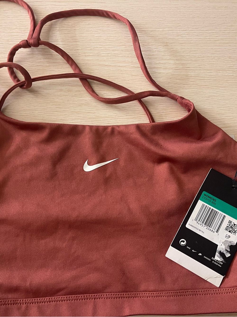 Nike Rusty Rose Strappy Sports Bra with White Swoosh
